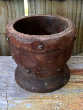 Hand Carved Dark Brown Wood Footed Bowl with Metal Studs Size 3 3/4”H